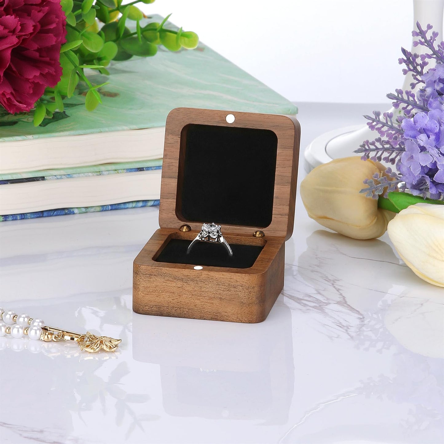 LETURE Wooden Ring Box with Single Slot 2 Slot, personalized small Wood Ring Jewelry Box for Proposal Engagement Wedding Ceremony (Black-1Slot) - WoodArtSupply