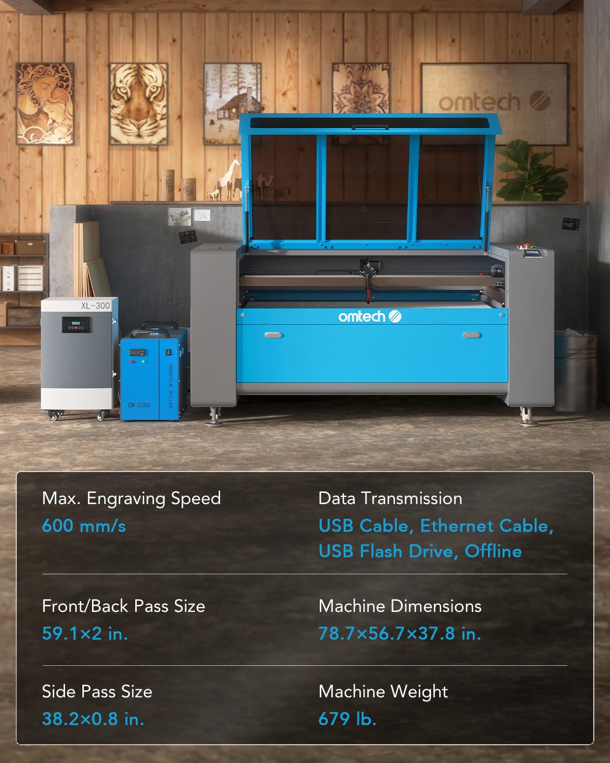 OMTech 130W CO2 Laser Engraver with LightBurn & Water Chiller, 35x55 Inch Laser Cutting Engraving Machine with Autofocus Autolift 3 Way Pass Air