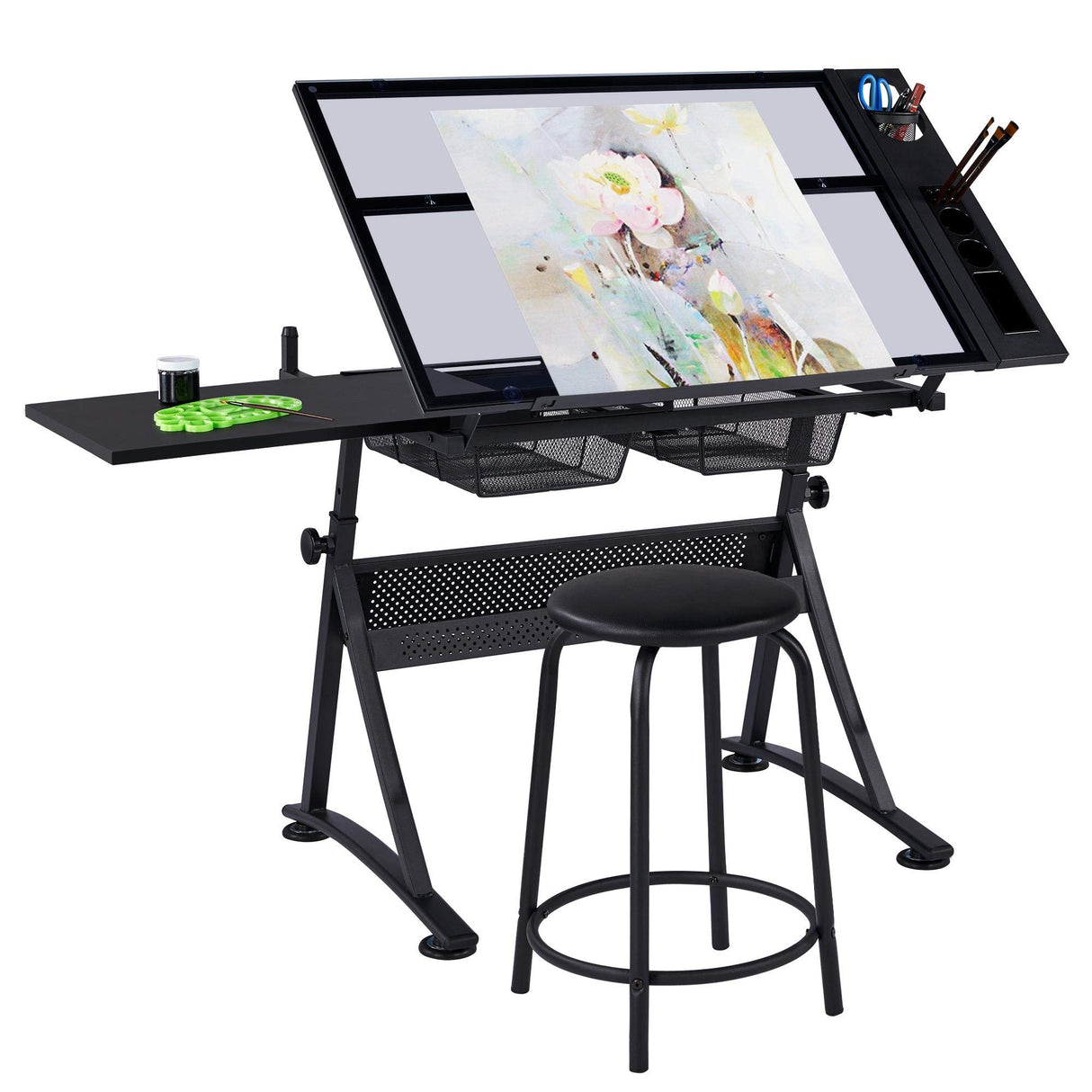 Yaheetech Drawing Table, Art Craft Desk with Adjustable Tabletop, Painters/Artist Work Station, Study Table with Stool, Tempered Glass Top Yaheetech