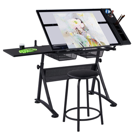 Yaheetech Drawing Table, Art Craft Desk with Adjustable Tabletop, Painters/Artist Work Station, Study Table with Stool, Tempered Glass Top Yaheetech