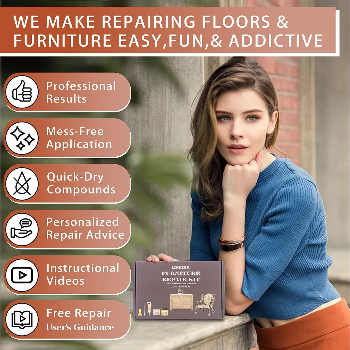 Lifreer Wood Furniture Repair Kit, High-Performance Wood Filler, Wood Putty with Beeswax - Hardwood Floor Scratch Repair Kit for Scratch, Cracks, Lifreer