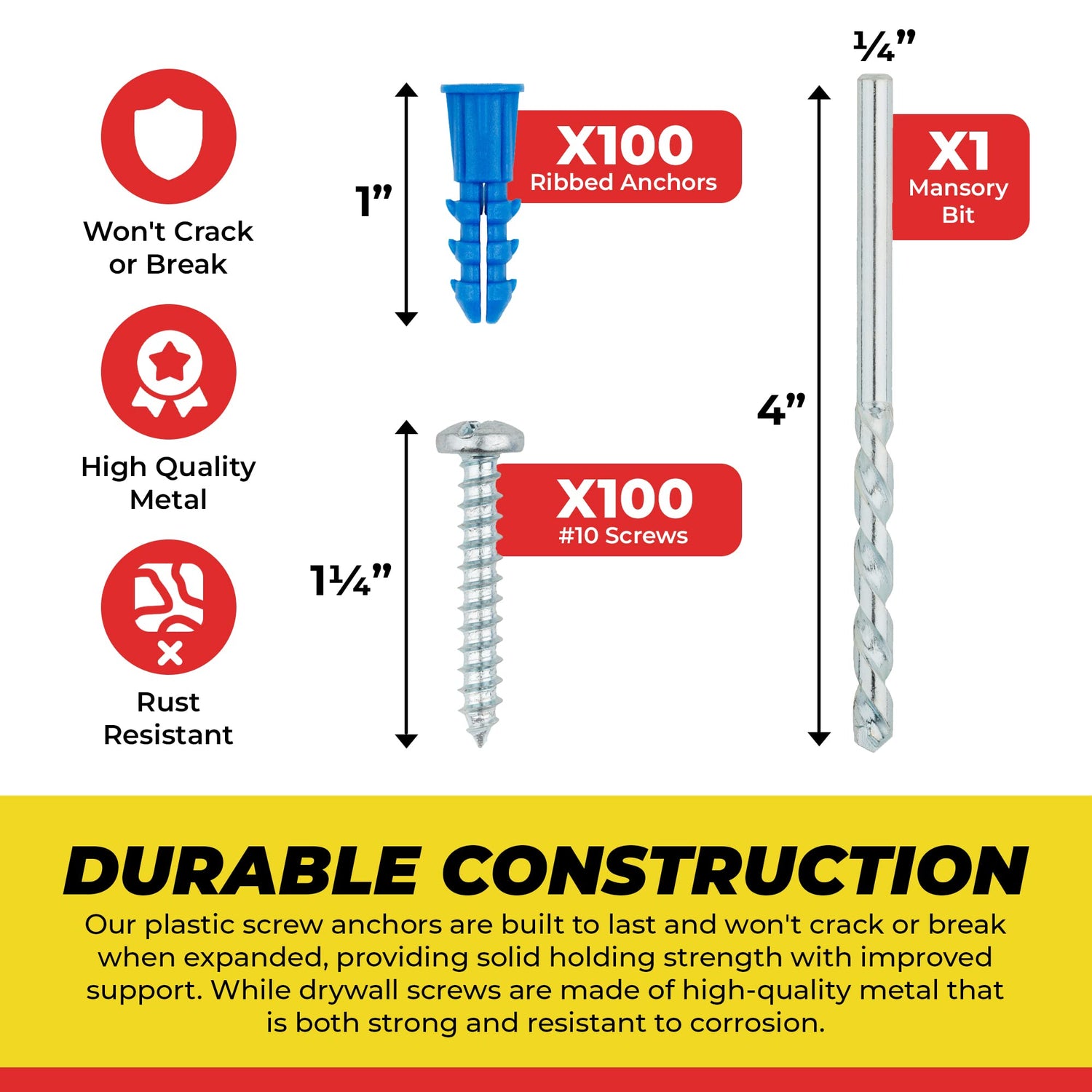 Qualihome Ribbed Plastic Drywall Anchor Kit - Wall Anchors and Screws for Drywall Includes Anchors, & Screws, 1 Masonry Drill Bit - Mounting Tolls Qualihome
