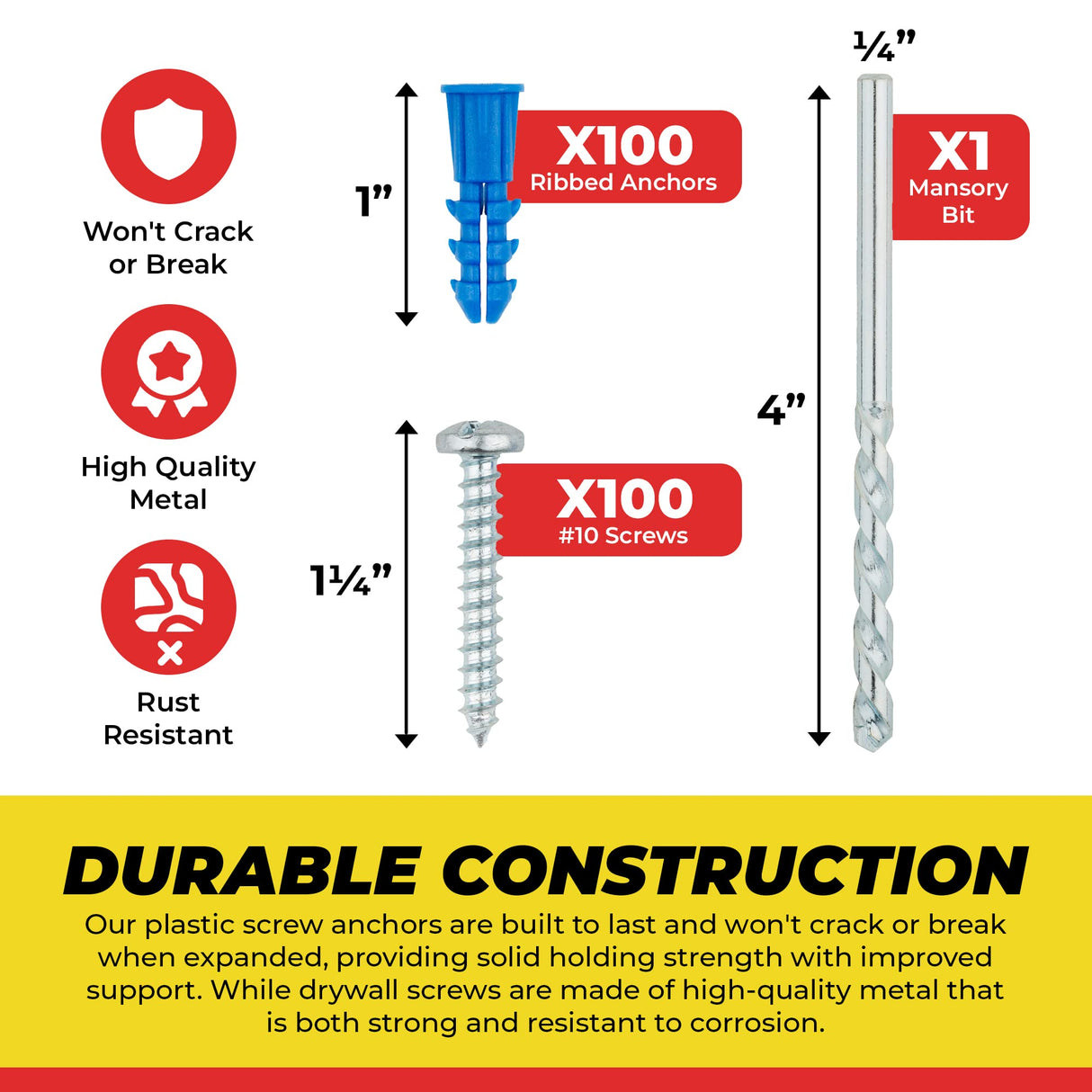 Qualihome Ribbed Plastic Drywall Anchor Kit - Wall Anchors and Screws for Drywall Includes Anchors, & Screws, 1 Masonry Drill Bit - Mounting Tolls Qualihome