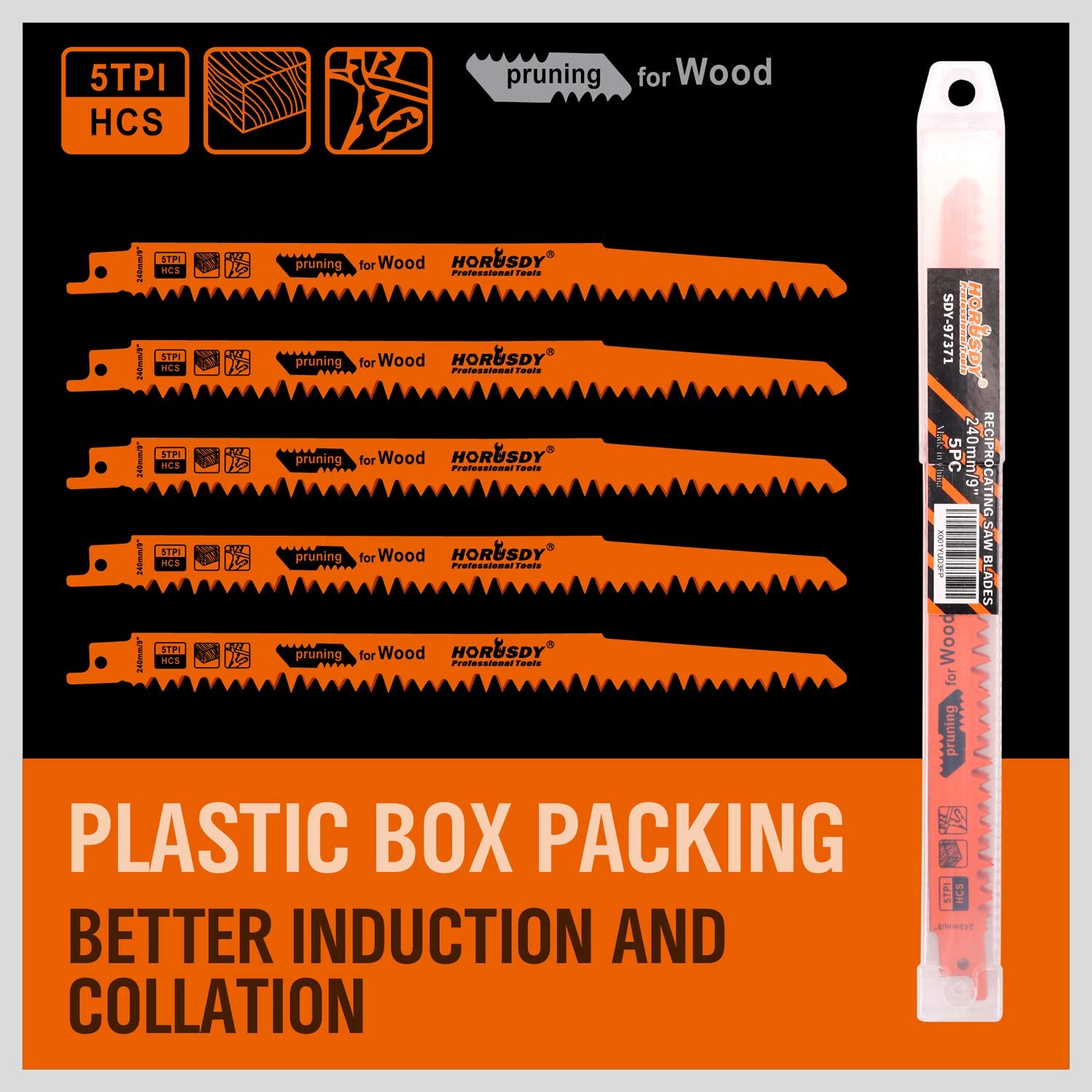 HORUSDY 9-Inch Wood Pruning Reciprocating Saw Blades, 5 Pack, 5TPI Saw Blades HORUSDY