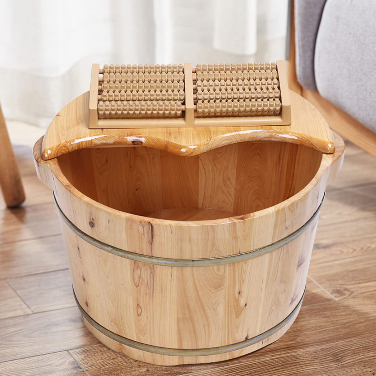 AngelcityCC Wood Foot Tub with Massager and lid, Solid Wood Handmade Wooden Foot Basin Set for Soaking Feet Spa Foot Care AngelcityCC