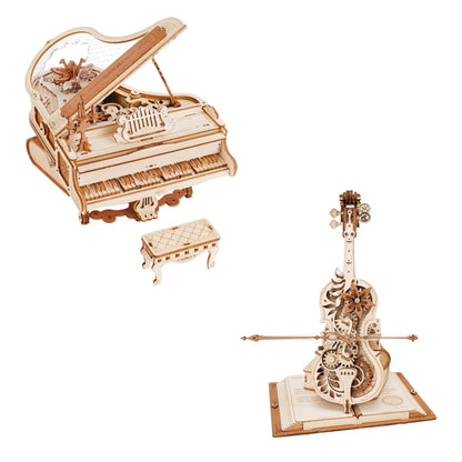 ROBOTIME Mechanical Music Box Puzzle Kits Magic Piano & Cello - WoodArtSupply