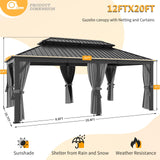 Jolydale 12FT X 20FT Hardtop Gazebo, Galvanized Steel Dual-Layer Top, Aluminum Metal Gazebo with Netting and Curtains, Permanent Gazebo Pavilion for Jolydale