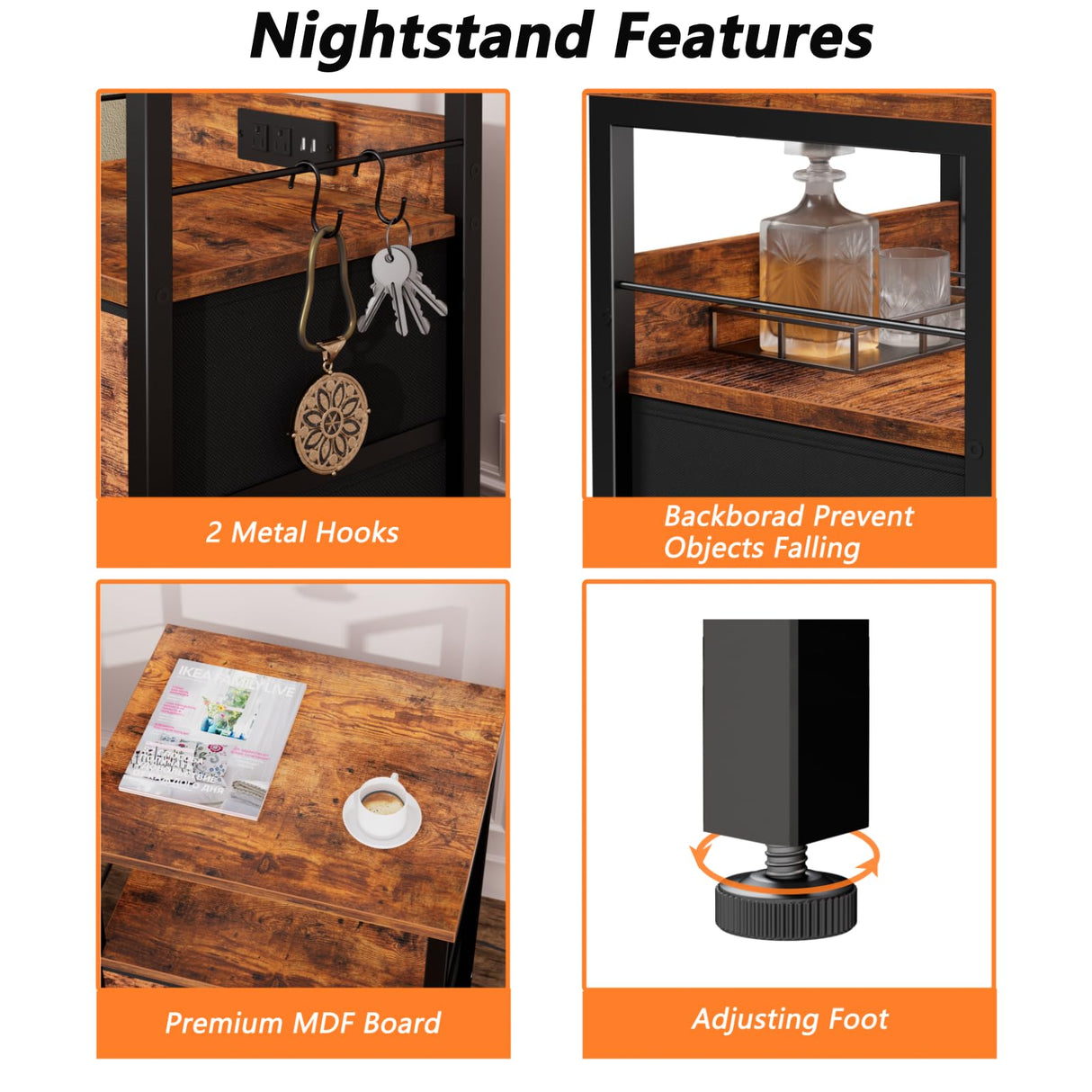 Furologee Nightstand Set of 2, Rustic Brown, with Charging Station and USB Ports, Side Tables with 2 Fabric Drawers, Bedside Tables with Storage Furologee