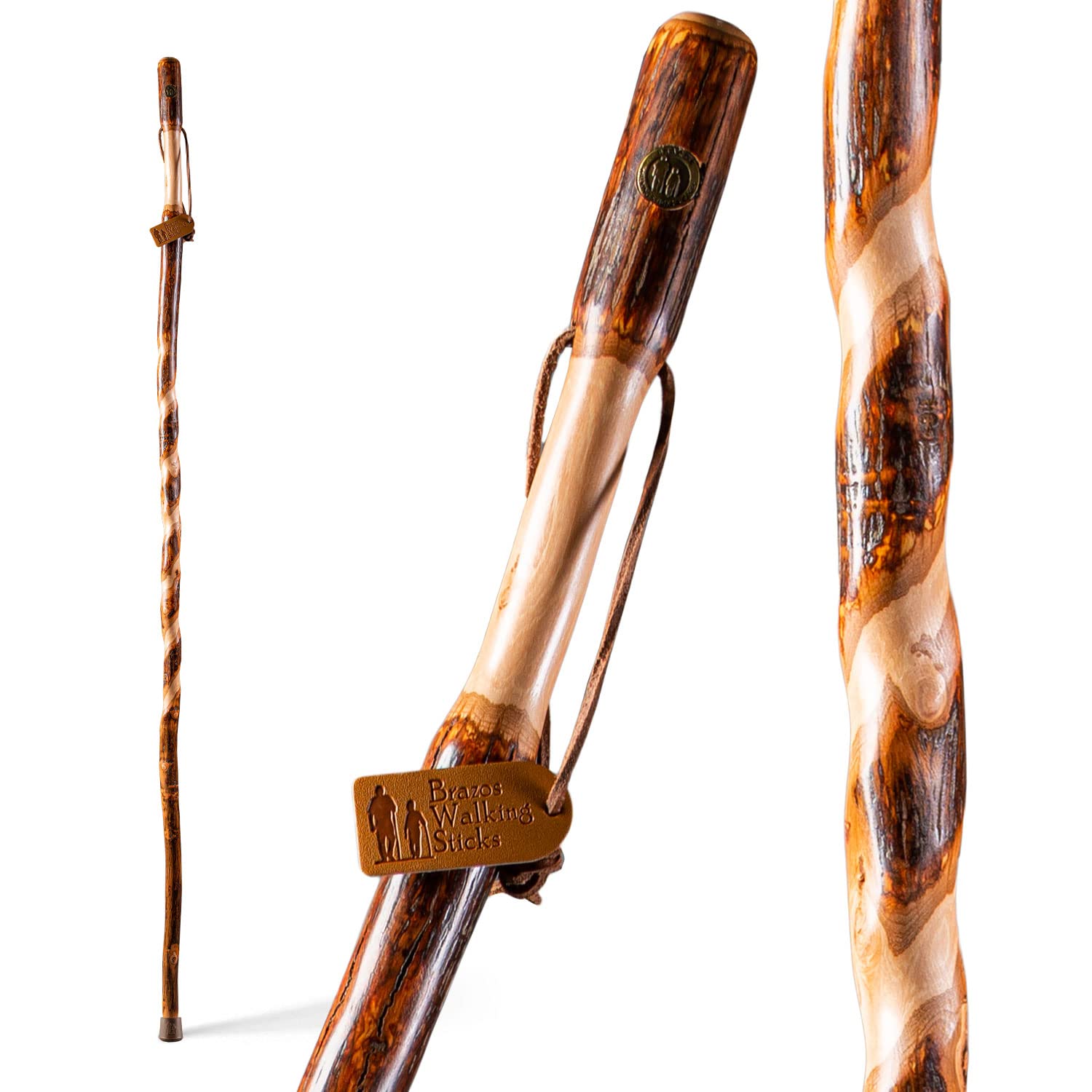 Brazos Rustic Wood Walking Stick, Twisted Hickory, Traditional Style Handle, for Men & Women, Made in the USA, 48" Brazos