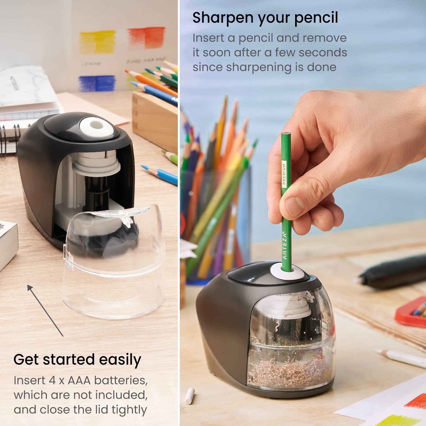 Arteza Pencil Sharpener and Electric Eraser Set, Black, for 8-mm Pencils, 20 Eraser Refills, Office Supplies for Teachers, Students, Classrooms, and - WoodArtSupply