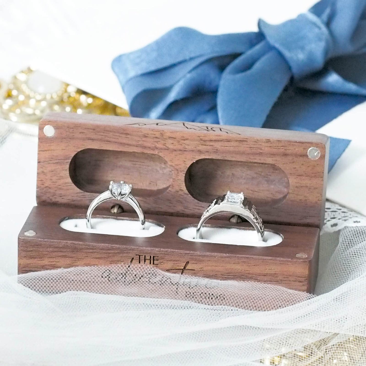 Muchly Engraved Flip Wooden 2 Ring box for wedding -Rustic Vintage Solid Wood rectangle Jewelry Storage Box muchly