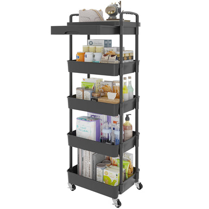 Calmootey 5-Tier Rolling Utility Cart with Drawer,Multifunctional Storage Organizer with Plastic Shelf & Metal Wheels,Storage Cart for Kitchen,Bathroom,Living Room,Office,Black