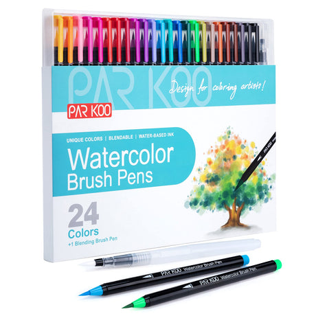 ParKoo Watercolor Brush Pens, 24 Colors Flexible Real Nylon Brush Tip Pens for Watercolor Painting, 1 Blending Brush, Paint Markers for Artists and ParKoo