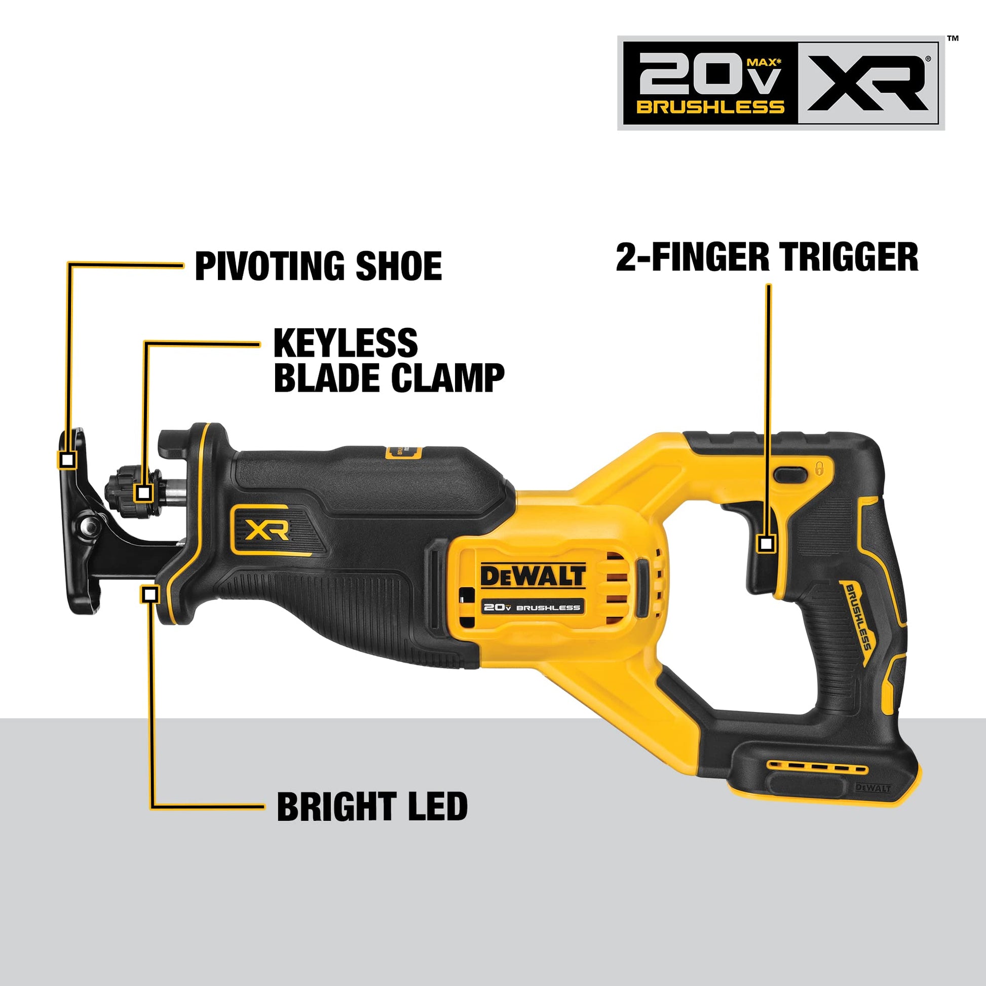 DEWALT 20V MAX XR Reciprocating Saw, Cordless, 2-Finger Variable Trigger, Keyless Blade Clamp, Bare Tool Only (DCS382B) - WoodArtSupply