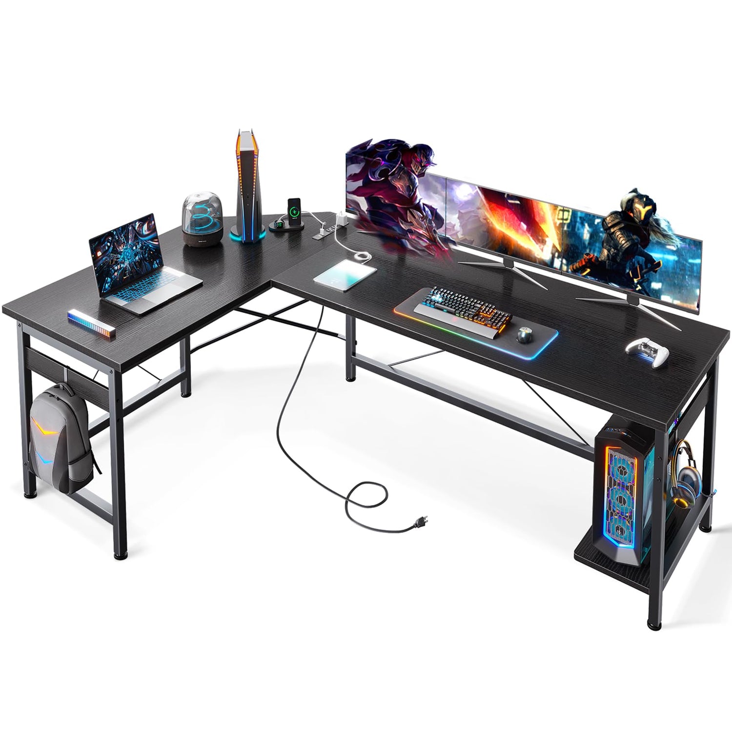 Coleshome 66" L Shaped Gaming Desk with Outlet, L Shaped Desk with CPU Stand, Corner Computer Desk, Home Office Desk, Writing Desk, Black Coleshome