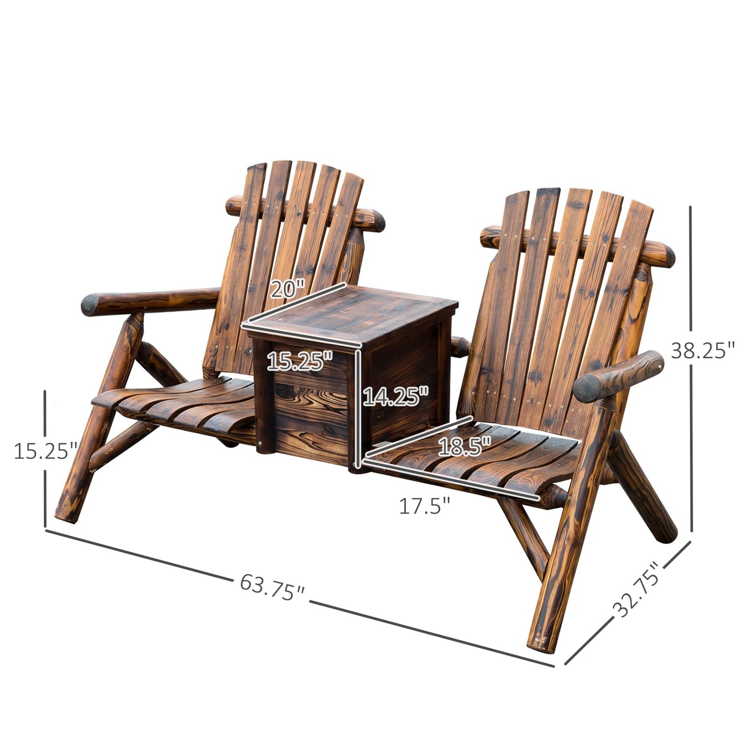 Outsunny Double Wooden Adirondack Chair with Ice Bucket, Outdoor Loveseat with High Backrest, Smooth Armrest, Rustic Brown - WoodArtSupply