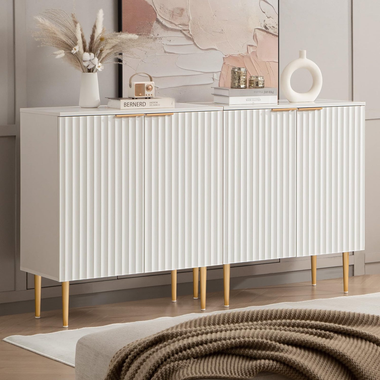 SICOTAS Fluted White Storage Cabinet, Wood Sideboard Buffet Cabinet with Spray-Painted Finish, Multifunctional Console Table with Storage Credenza SICOTAS