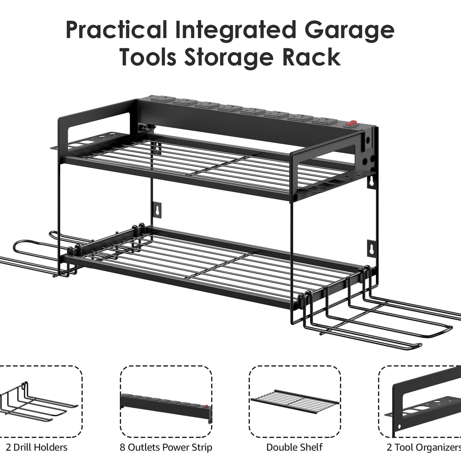 CCCEI Garage Tools Storage with Charging Station. Power Tool Battery Organizer Utility Shelf with Power Strip. 4 Drills Holder Wall Mount Rack, CCCEI