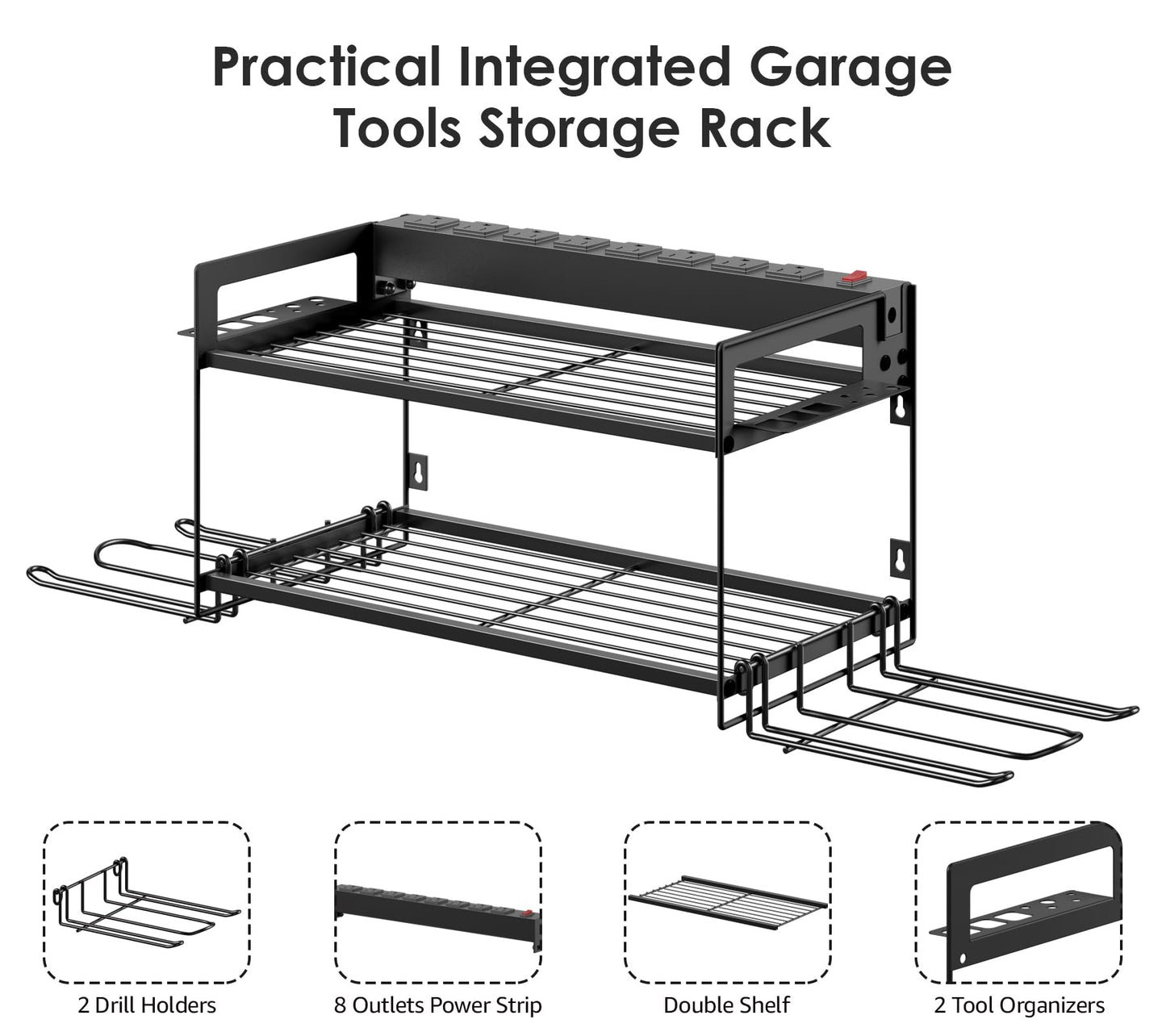 CCCEI Garage Tools Storage with Charging Station. Power Tool Battery Organizer Utility Shelf with Power Strip. 4 Drills Holder Wall Mount Rack, - WoodArtSupply