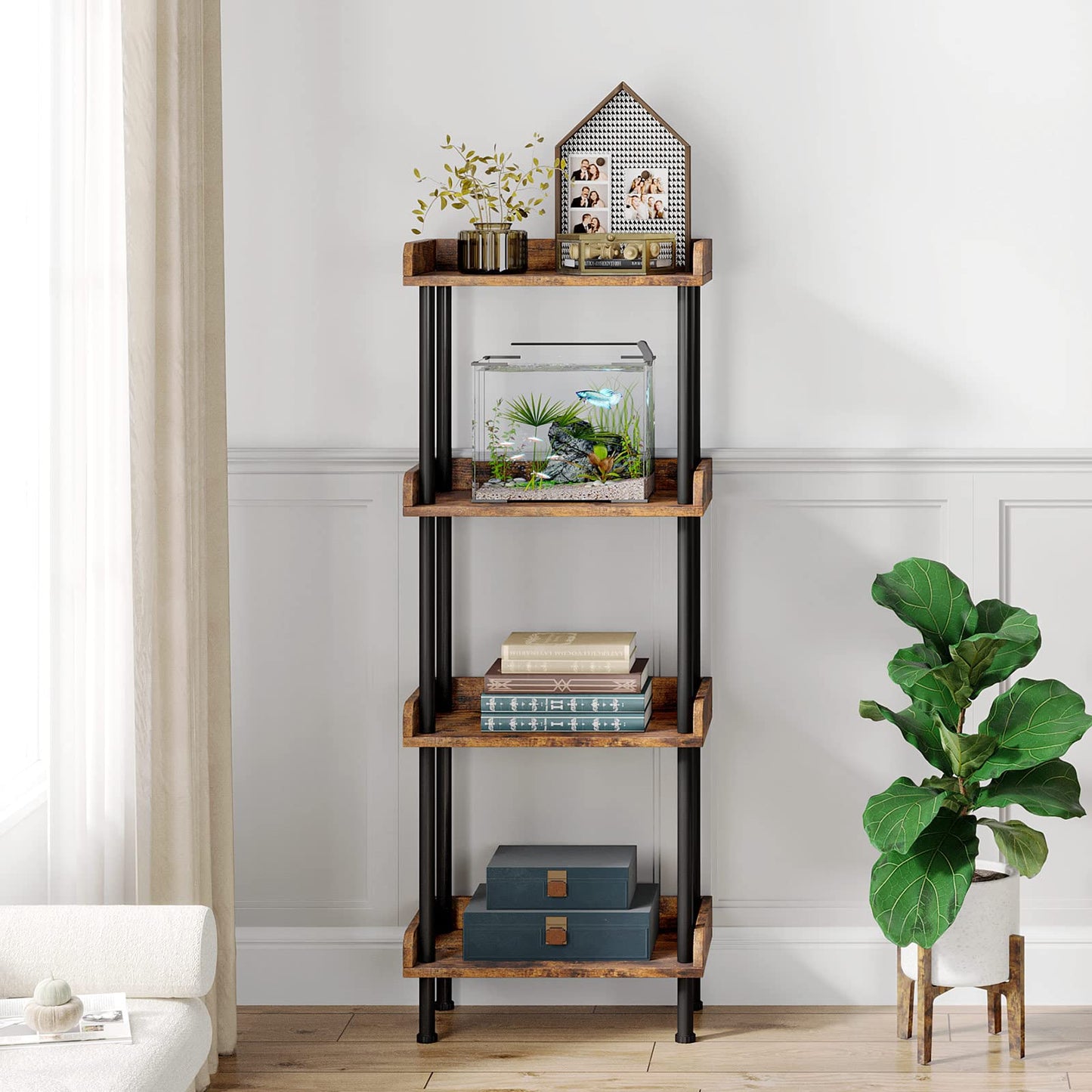 Hosfais Bookcase 4 Tier Bookshelf, Vintage Small Bookshelf for Small Spaces, Wooden Book Shelf Small Bookcase for Living Room Bedroom
