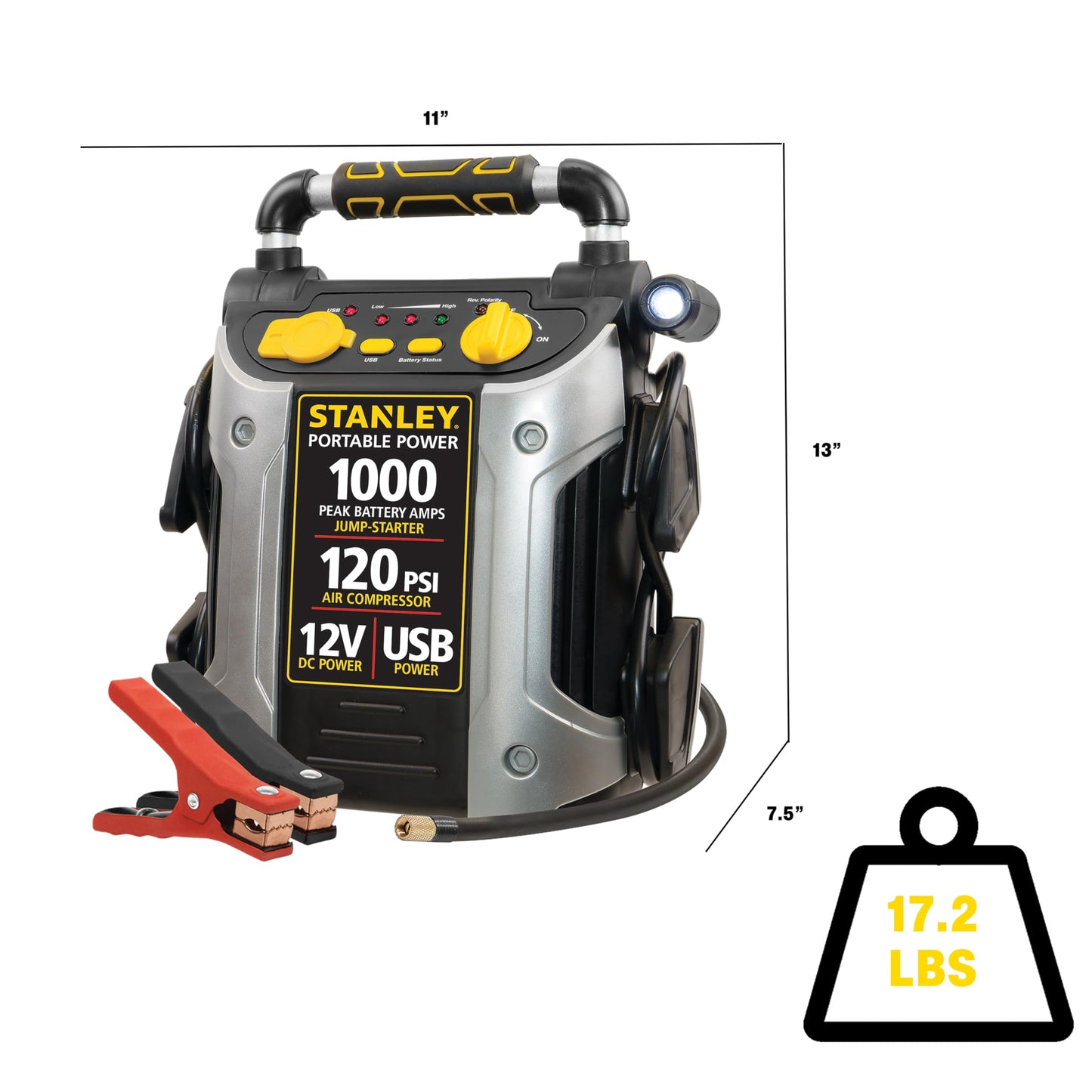 STANLEY J5C09 Portable Power Station Jump Starter 1000 Peak Amp Battery Booster, 120 PSI Air Compressor, USB Port, Battery Clamps - WoodArtSupply