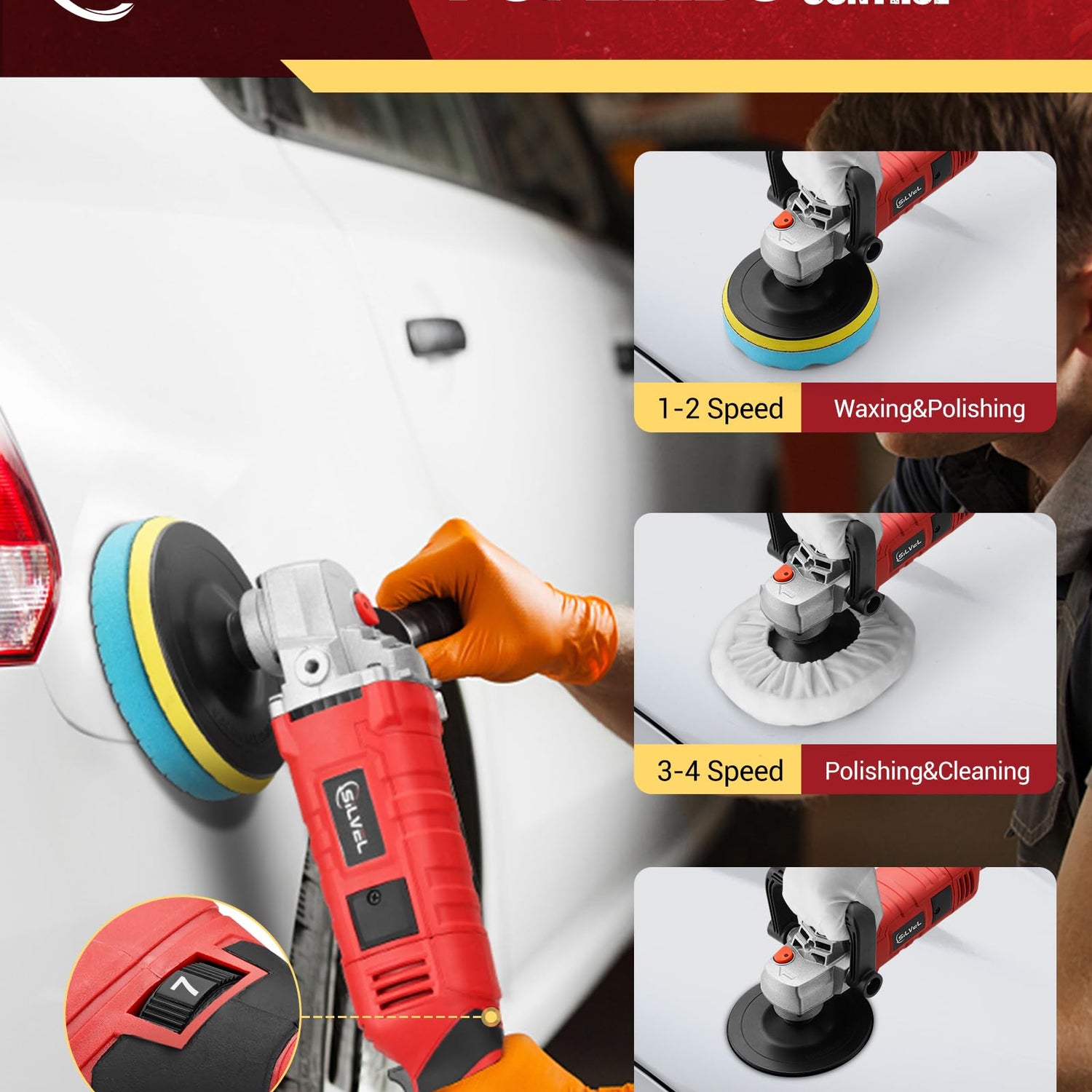 SILVEL Buffer Polisher, 1600W 7 Inch/6 Inch Polisher for Car Detailing, Wax Machine, 7 Variable Speed, with 6 Foam Pads, 3 Wool Pads, Packaging Bag, SILVEL