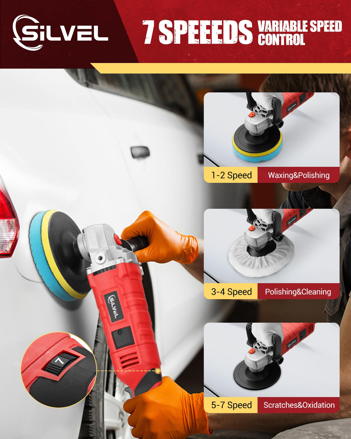 SILVEL Buffer Polisher, 1600W 7 Inch/6 Inch Polisher for Car Detailing, Wax Machine, 7 Variable Speed, with 6 Foam Pads, 3 Wool Pads, Packaging Bag, SILVEL