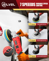 SILVEL Buffer Polisher, 1600W 7 Inch/6 Inch Polisher for Car Detailing, Wax Machine, 7 Variable Speed, with 6 Foam Pads, 3 Wool Pads, Packaging Bag, SILVEL