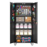 Aobabo 72 Inch Locking Metal Garage Storage Cabinet with Universal Rubber Wheels with Lockable Casters, Pegboards, and Magnetic Doors, Black Aobabo