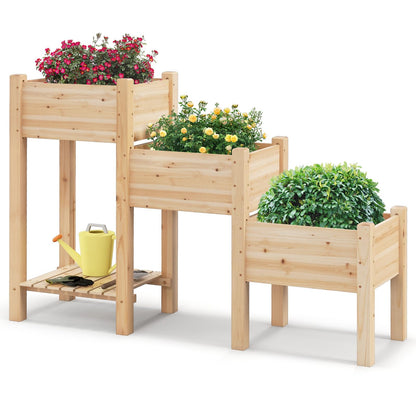 S AFSTAR 3-Tier Wooden Raised Garden Bed, Elevated Garden Planter with 3 Planter Boxes, Open Storage Shelf, Drainage Holes, Outdoor Vertical Plant - WoodArtSupply