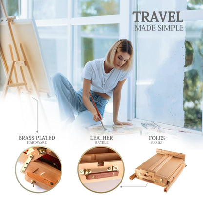 French Easel Acrylic Painting Set, Deluxe Artist Supplies Kit w/Coronado Style Wooden Field & Studio Sketch Box Easel, Stretched & Panel Canvases,
