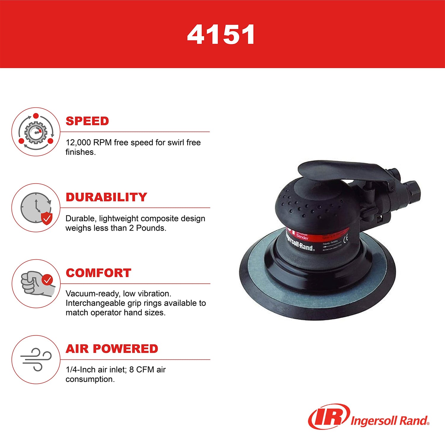 Ingersoll Rand 4151 6” Random Orbit Pneumatic Sander, Vacuum Ready, Low Vibration, Swivel Free Finish, Dustless, 12,000 RPM, 1.92 lbs, Ingersoll Rand