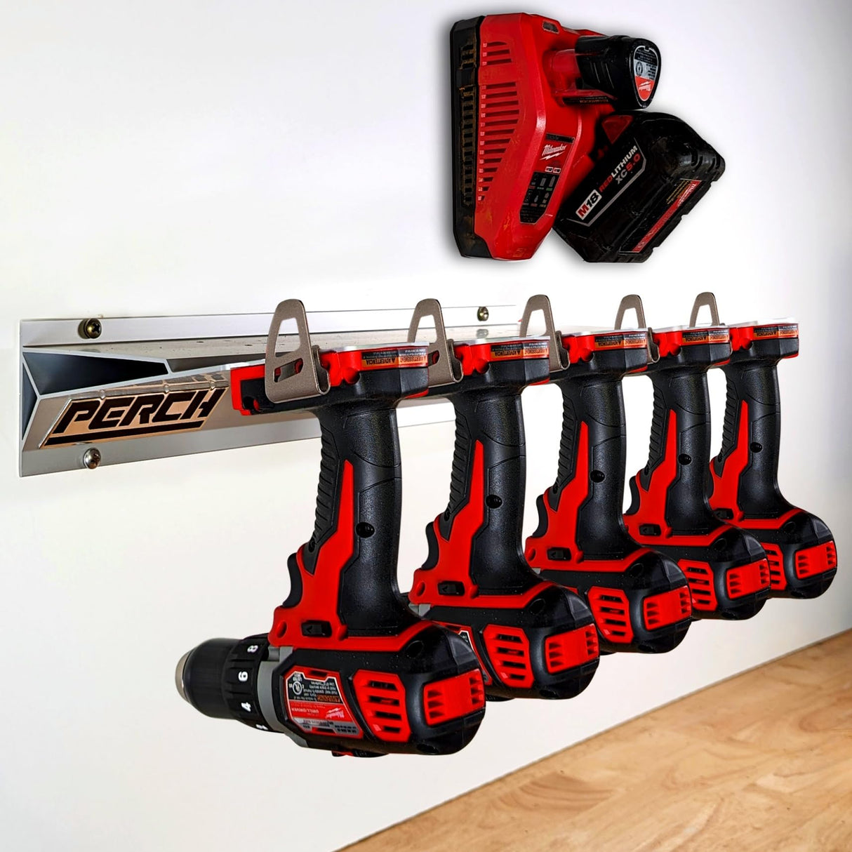 PERCH Tool Holder Rack for Milwaukee M18 18v | Securely Mounts 5 Cordless Tools | Universal Mounting | Most Durable Cordless Tool Organizer PERCH