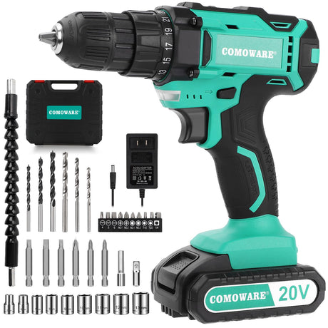 COMOWARE 20V Cordless Drill, Electric Power Drill Set with 1 Battery & Charger, 3/8” Keyless Chuck, 2 Variable Speed, 266 In-lb Torque, 25+1 Position COMOWARE