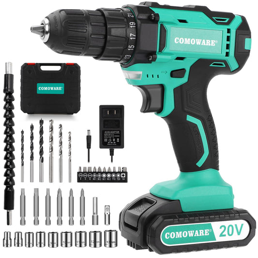 COMOWARE 20V Cordless Drill, Electric Power Drill Set with 1 Battery & Charger, 3/8” Keyless Chuck, 2 Variable Speed, 266 In-lb Torque, 25+1 Position - WoodArtSupply