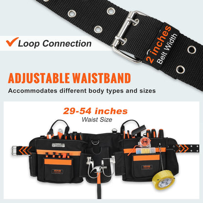 VEVOR Tool Belt with Suspenders, 29 Pockets, 29-54 inches Adjustable Waist Size, Tool Belts for Men, 600D Polyester Heavy Duty Carpenter Tool Pouch