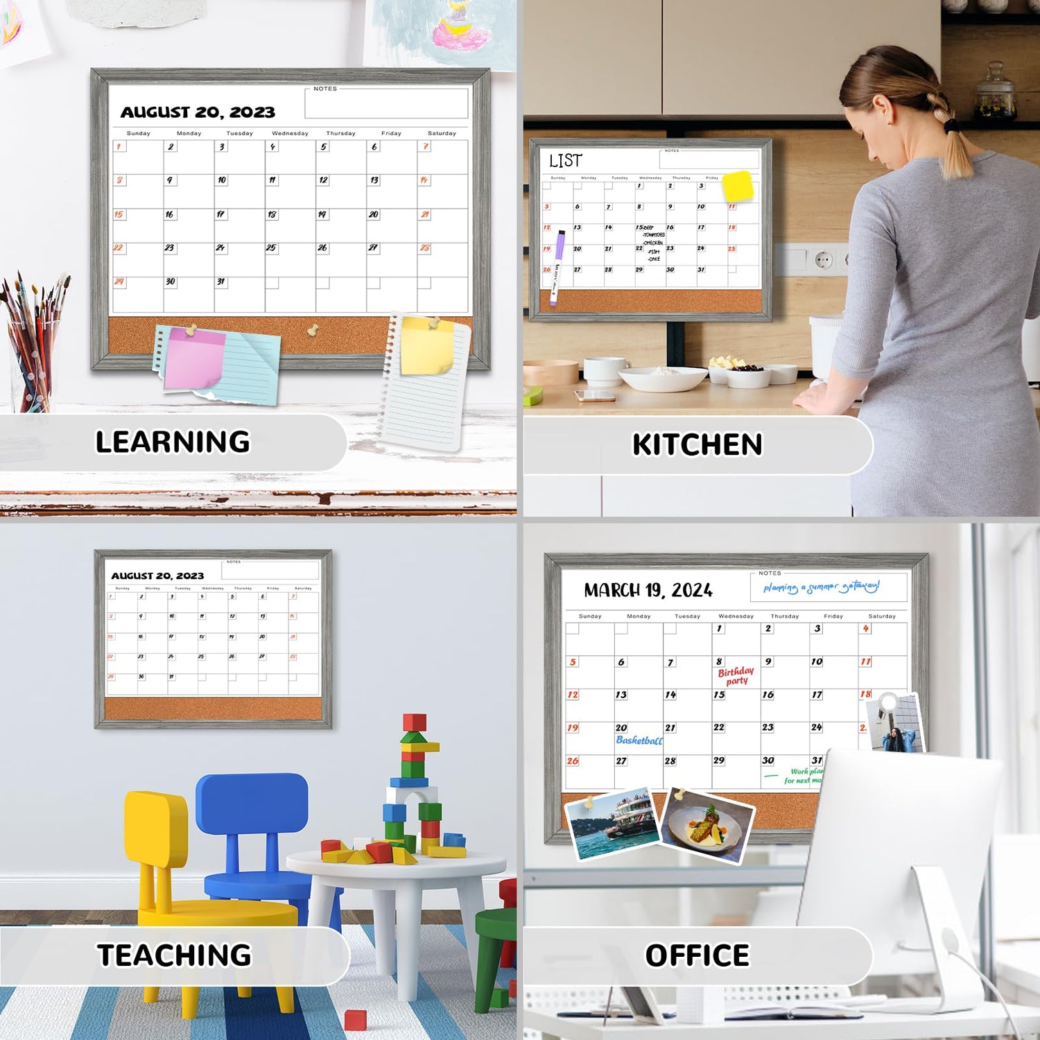 Monthly Whiteboard Calendar & Corkboard for Wall, Magnetic 17"x13" Dry Erase Board with Gray Wood Framed, 2in1 White Board Cork Board Combo, Calendar ABERLLS