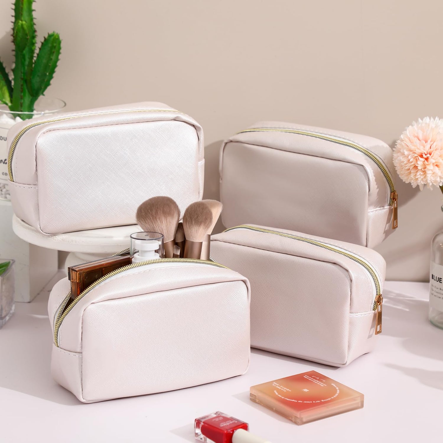 Sweetude 10 Pieces Preppy Makeup Bag Aesthetics Cosmetic Bag Purse Pu Leather Makeup Pouch Small Portable Water Resistant Zipper Toiletry Organizer Sweetude