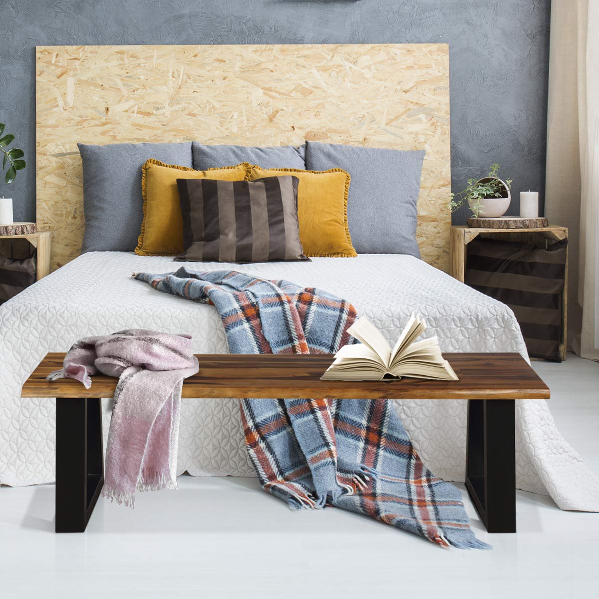 Giantex Wooden Dining Bench Seating Chair Rustic Indoor &Outdoor Furniture (Rustic Brown&Black) Giantex