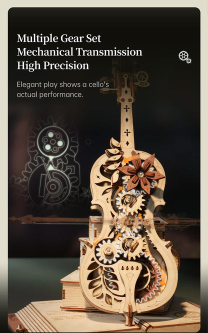 ROBOTIME AMK63 3D Puzzles for Adults, Mechanical Wooden Music Box Puzzle Kit, Magic Cello Model Kits to Build, Unique Gift for Her/Him Aesthetic Desk