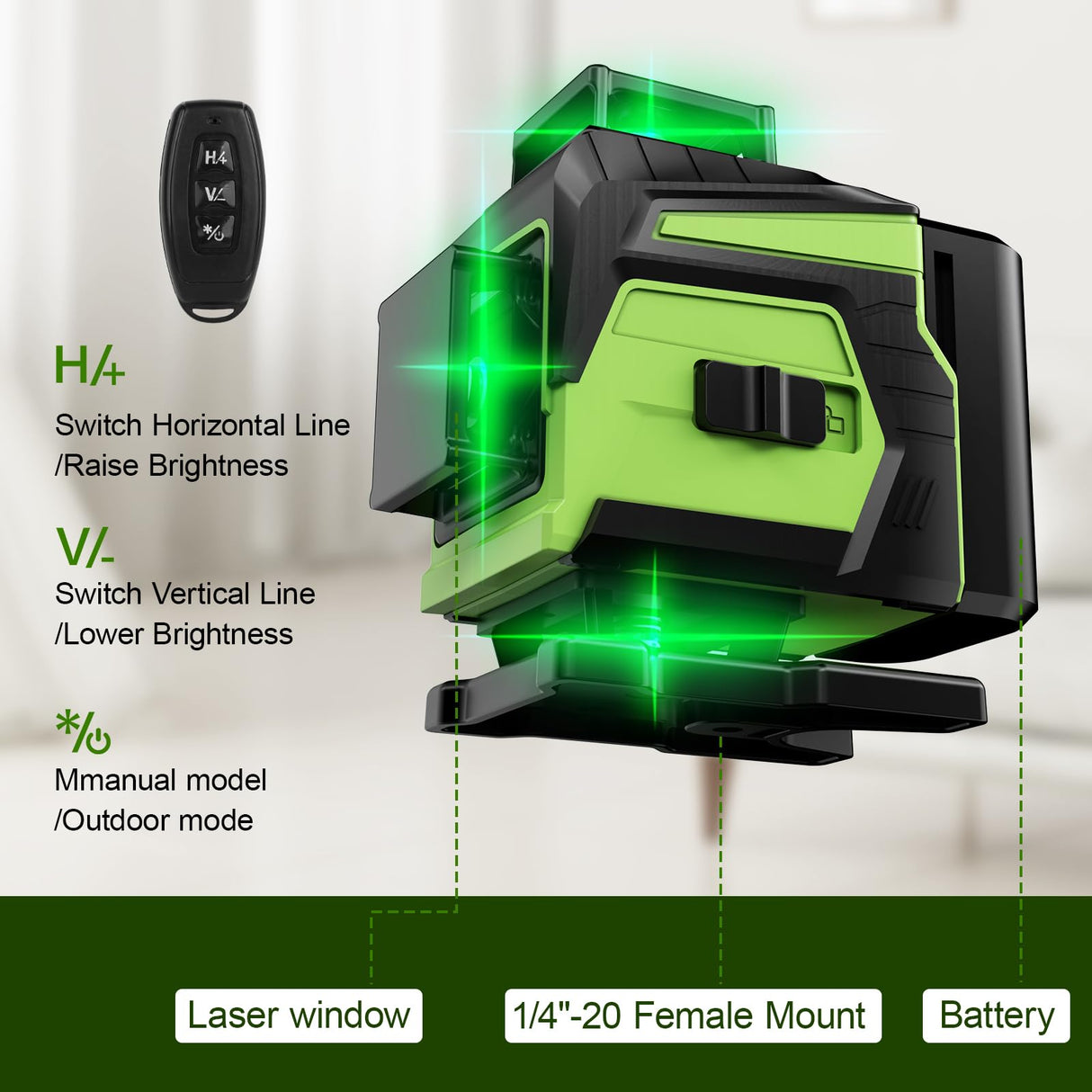 16 Lines Laser Level Self Leveling, 4x360°Professional 4D Green Cross Line laser Level for Construction and Picture Hanging with 2 Batteries, ENRIPRT