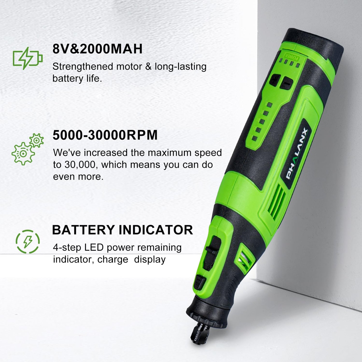 PHALANX 8V Cordless Rotary Tool Kit, 2.0 Ah Battery Rechargeable Rotary Tool with 73pcs Accessories, 5-Speed LED Light, Idea for Sanding, Carving, PHALANX