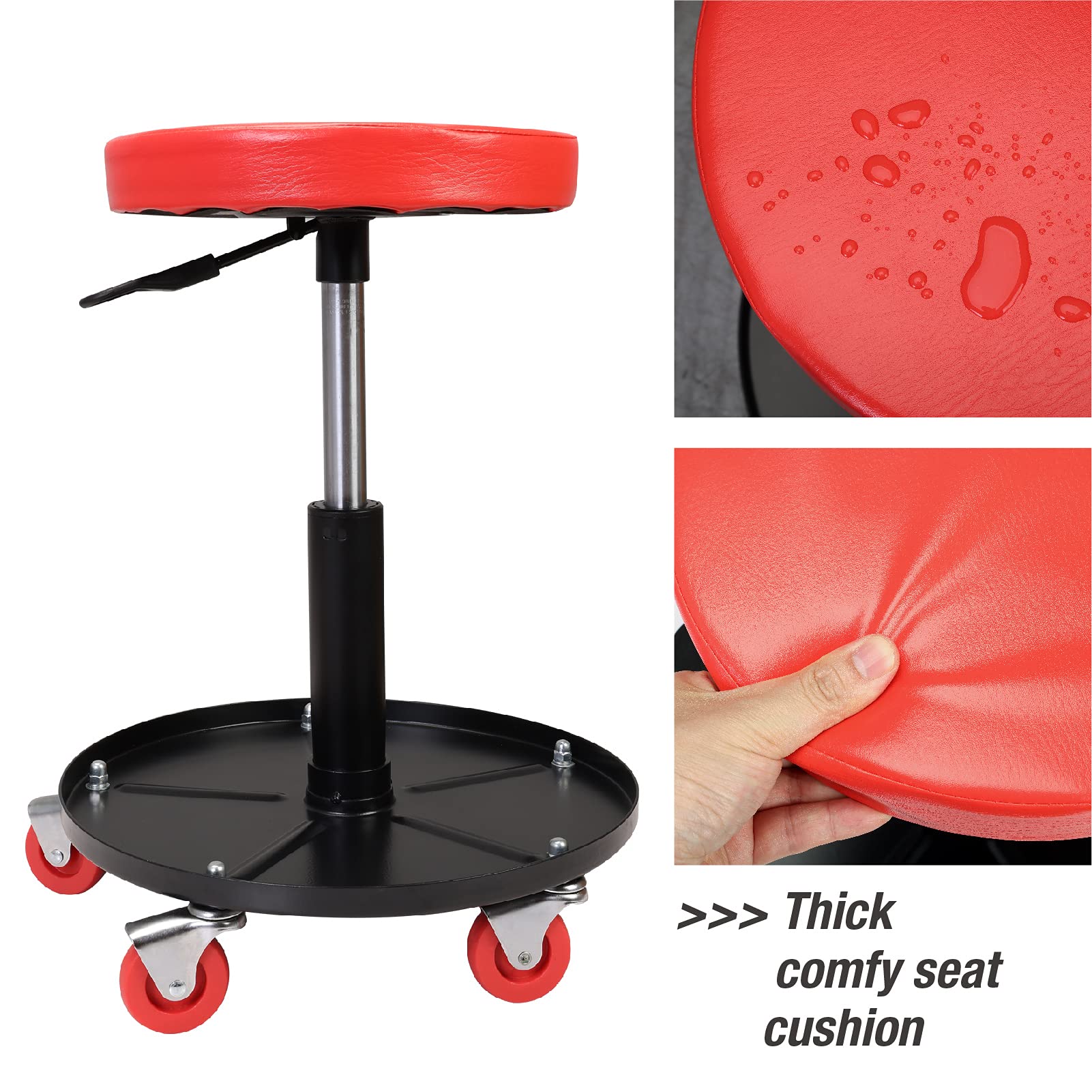 Torin ATRHL6201B Heavy Duty Rolling Pneumatic Creeper Garage/Shop Seat: Padded Adjustable Mechanic Stool with Tool Tray Storage, Red 250 LBS - WoodArtSupply