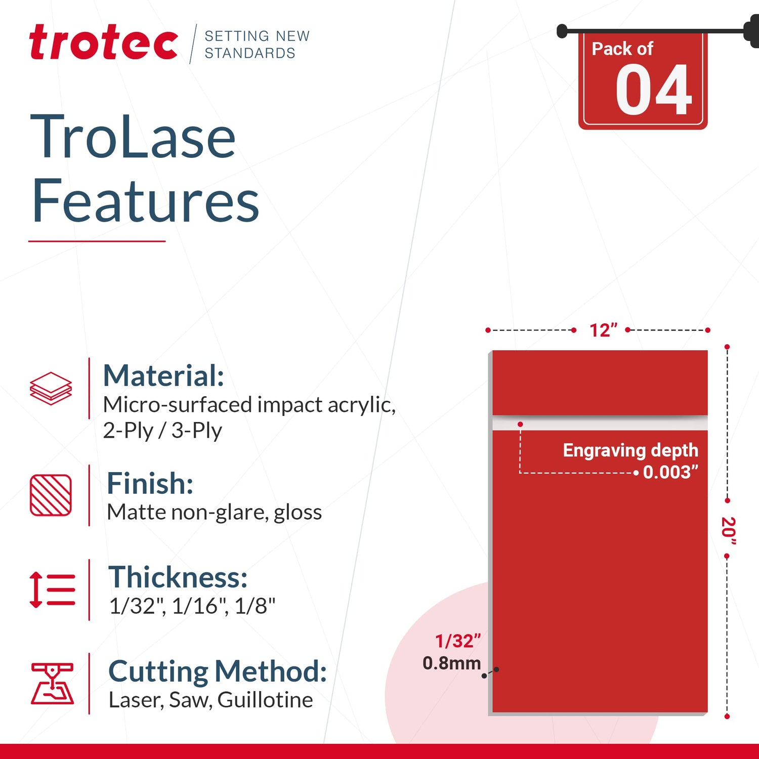 Trotec TroLase | 12"x20"x1/32", 4 Pcs | Red/White | 2 Ply | Modified Acrylic | Laser Engraving Double Color Plastic Sheet | Engraving Blanks for TROTEC