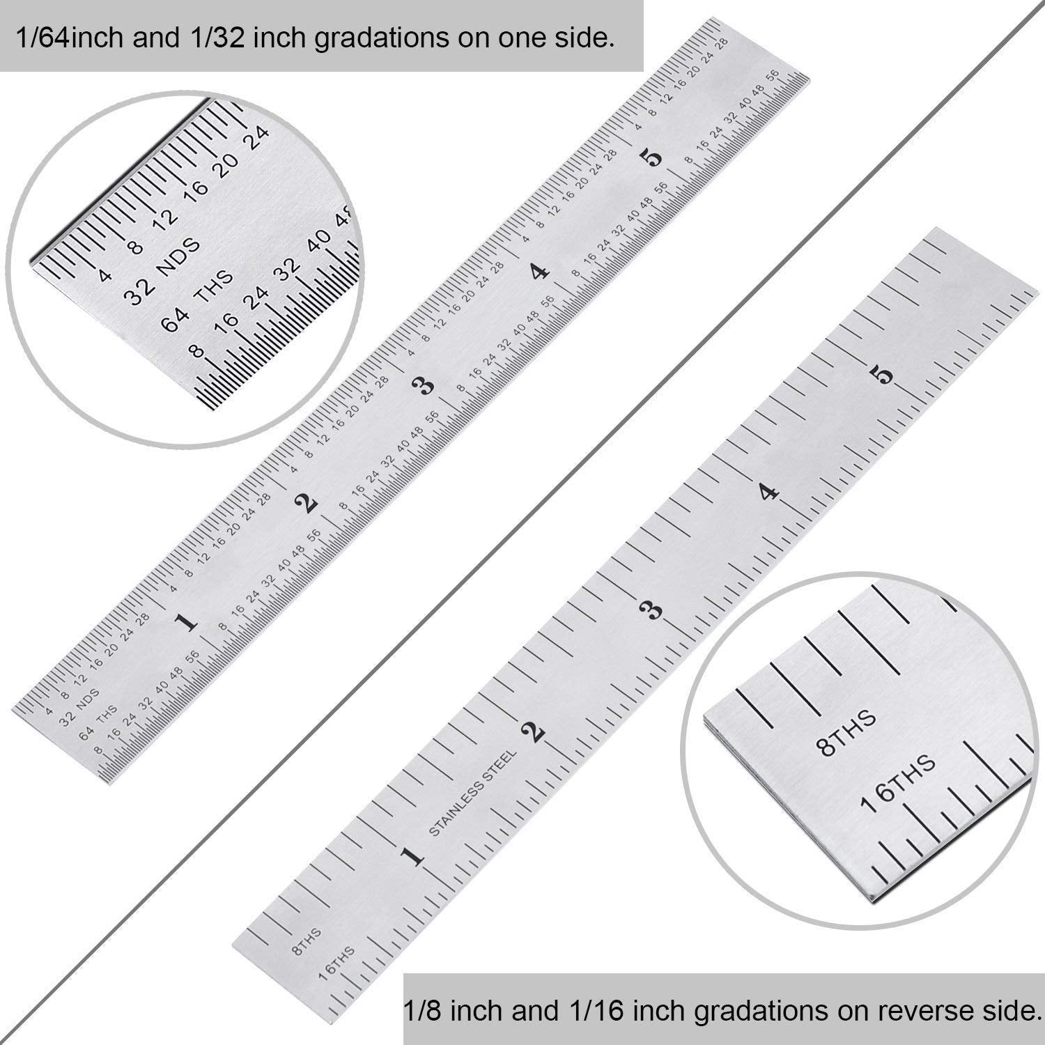 2 Pack Stainless Steel Ruler Machinist Engineer Ruler, Metric Ruler with Markings 1/8, 1/16, 1/32, 1/64 Inch for Engineering, School, Office, EBOOT