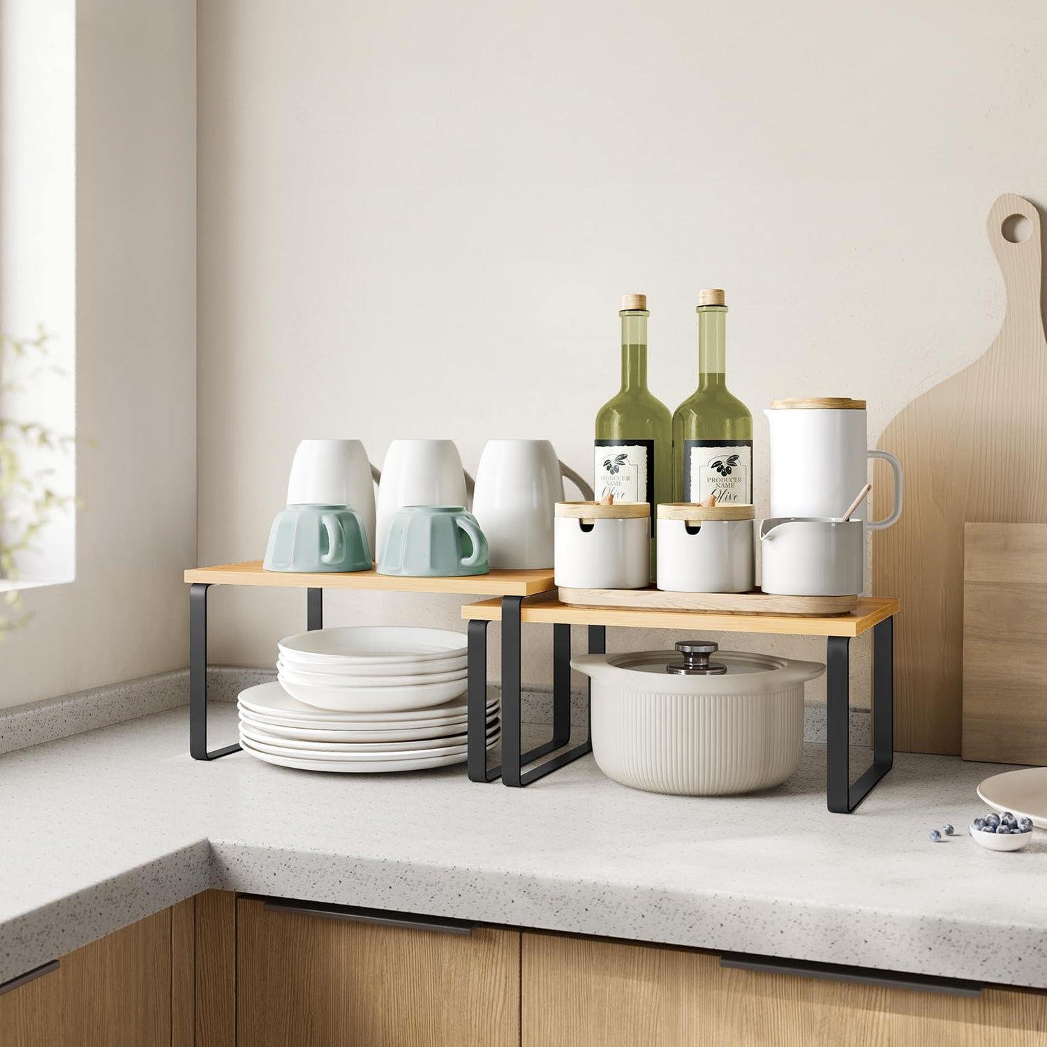 SONGMICS Cabinet Organizer Shelf, Set of 2 Kitchen Counter Shelves, Kitchen Storage, Spice Rack, Stackable, Expandable, Metal and Engineered Wood, SONGMICS