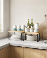 SONGMICS Cabinet Organizer Shelf, Set of 2 Kitchen Counter Shelves, Kitchen Storage, Spice Rack, Stackable, Expandable, Metal and Engineered Wood, SONGMICS