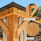 EROMMY 11'x13' Wood Gazebo, Outdoor Hardtop Gazebo Pavilion with Netting and Curtains, Spruce Wooden Frame Double Roof Metal Canopy for Patio EROMMY
