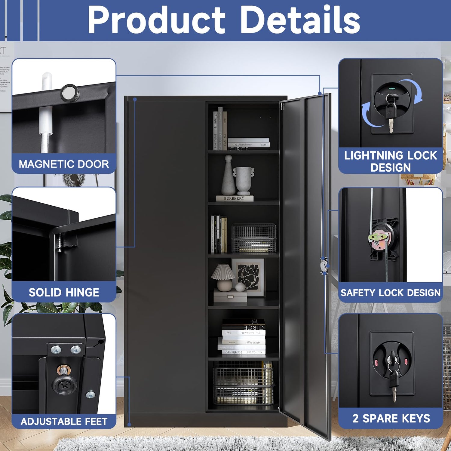 Anxxsu Metal Garage Storage Cabinet, 71" Locking Storage Cabinet with 2 Doors and 5 Adjustable Shelves, Lockable Metal Cabinet for Anxxsu