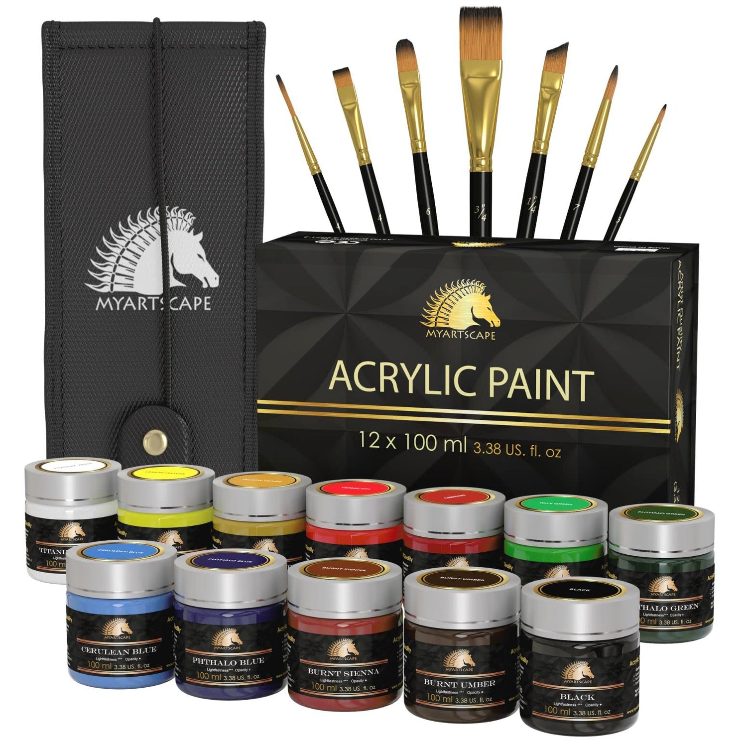 MyArtscape Acrylic Paint Set - 12 x 100ml Bottles with Pocket Paint Brush Set - 7 Artists' Paintbrushes (Set 1) MyArtscape